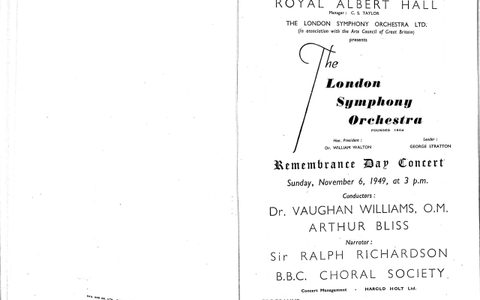 Cover of a programme for an LSO concert for Remembrance Day on Sunday November 6 1949, conducted by Dr Vaughan Williams.