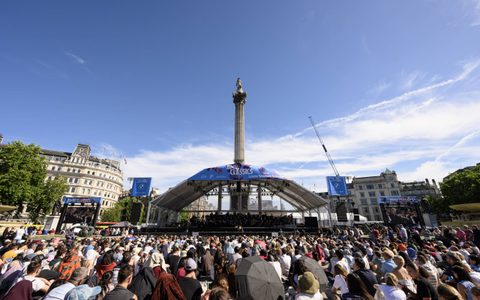 A wide view of the BMW Classics stage in Trafalgar Square with Nelson's Column rising behind it