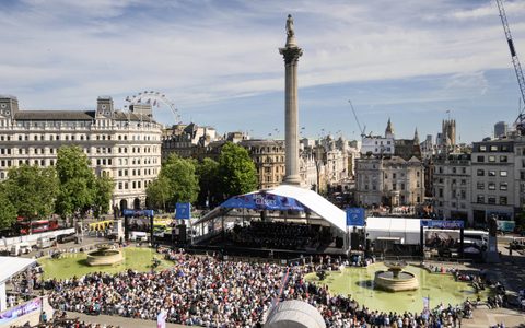 General view of the London Symphony Orchestra playing at BMW Classics 2026 in Trafalgar Square, London.