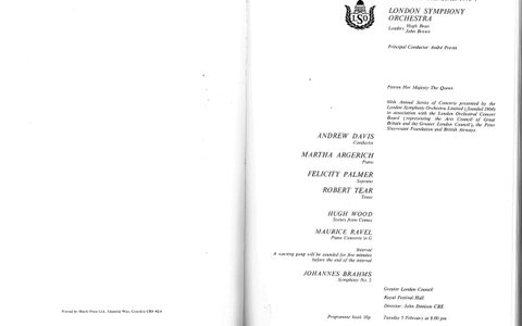LSO programme from 1974 featuring conductor Andrew Daviesm Martha Argerich on pano and Brahms' Symphony No 2.